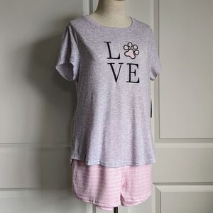 Laura Ashley PJ Set Short Sleeve Tee Shorts Embroidered Love Paw Grey Pink L NWT